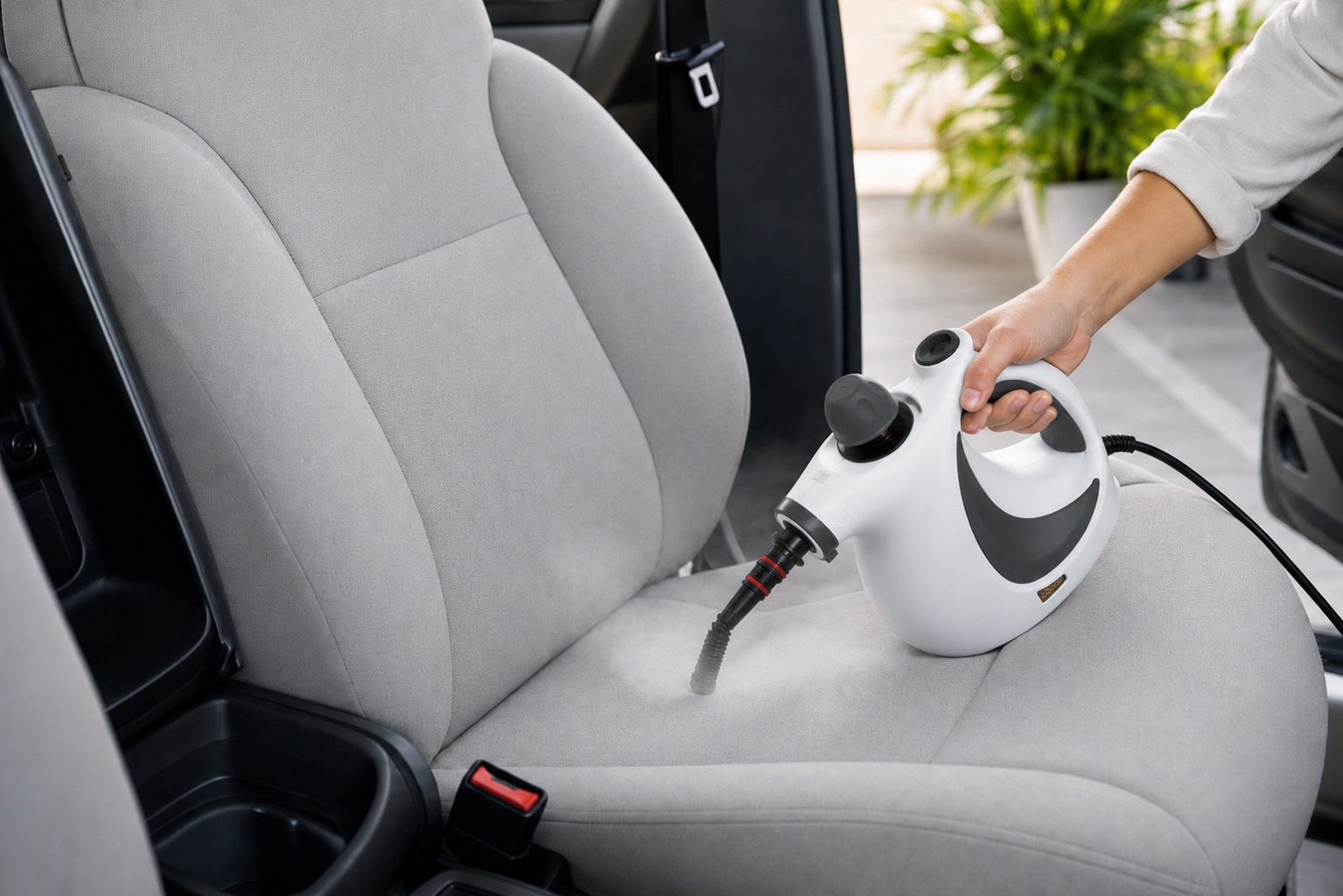 Clean car seat after Velmora steam cleaning